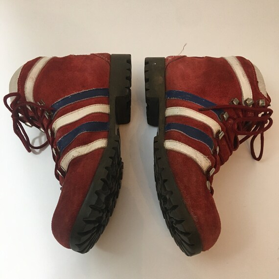 70s Red Blue White Stripe Suede Dunham Tyrollean Hiking Boots Women size 7 RW 1970s Hiking Boots