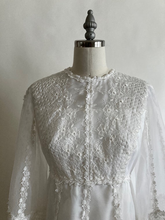 1970s White Chiffon and Lace Empire Waist Wedding… - image 4