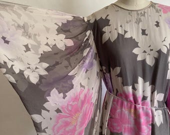 1970s Vintage Hanae Mori Silk Chiffon Floral Print Maxi Dress with Angel Wing Sleeves