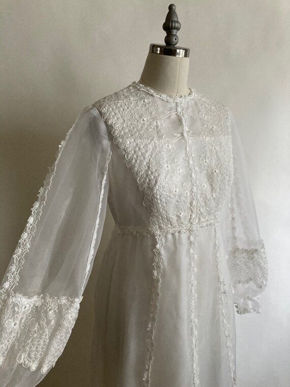 1970s White Chiffon and Lace Empire Waist Wedding… - image 5