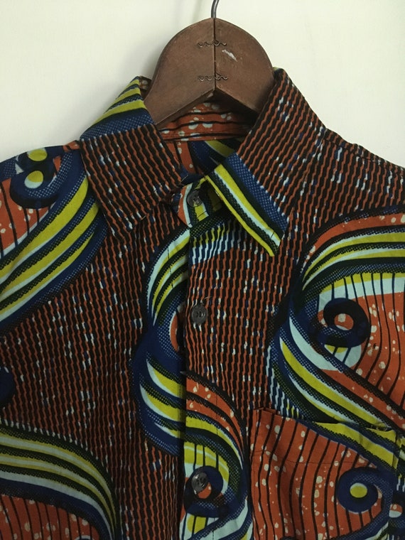 Vintage African Wax Block Print Mens Short Sleeve… - image 6