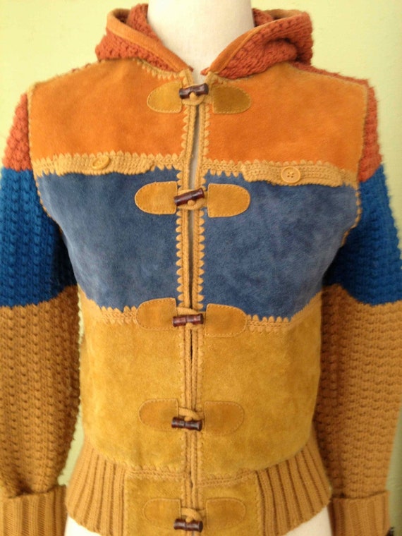 1970s Striped Suede & Acrylic Hooded Sweater with… - image 1