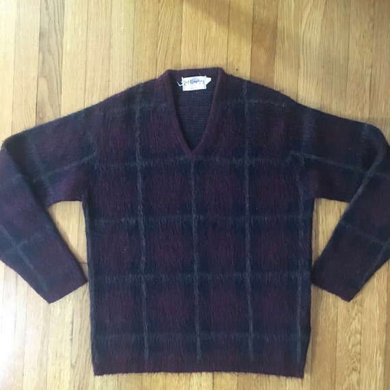 1950's Mens Burgundy/Gold Plaid Mohair V Neck Swea