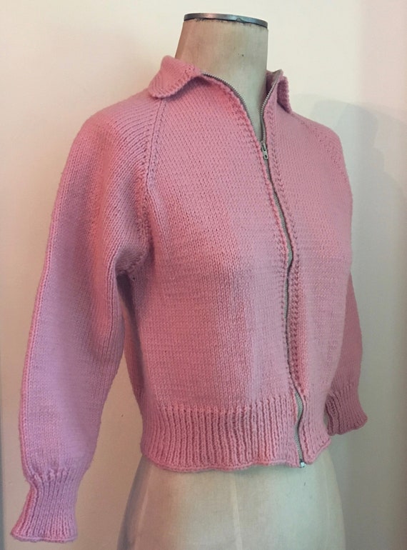1950's Blush Pink Wool Knit Zip-Up Cropped Hand Kn