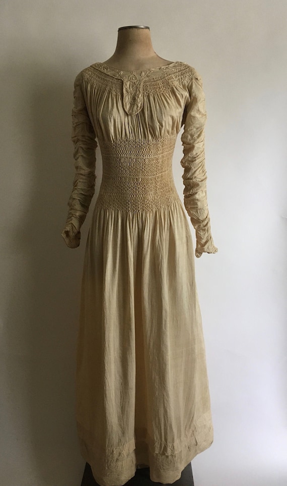 Early 1900s Liberty of London Silk Embroidered Smocked Dress With