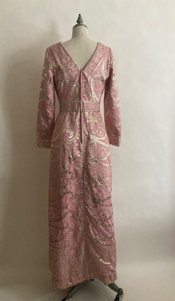 1960s Pink and Silver Long Sleeve Brocade Evening… - image 3