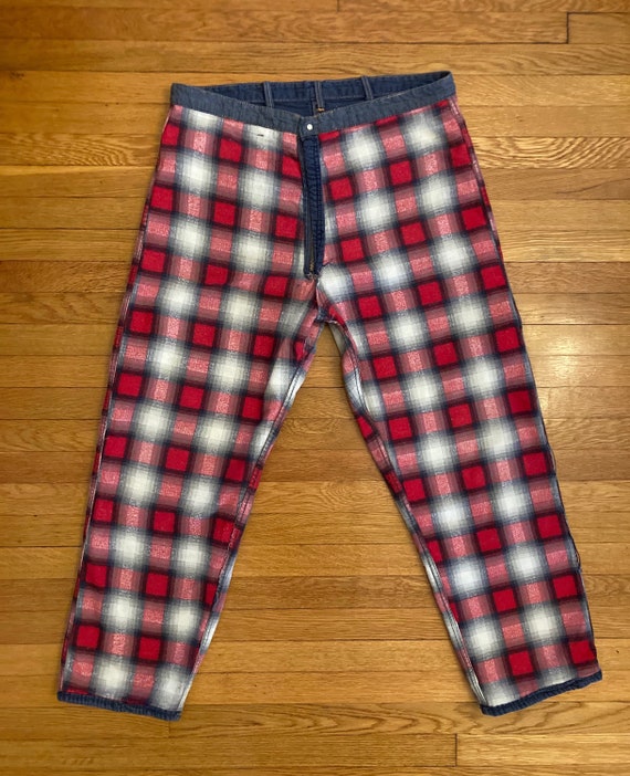 1950s Mens Cotton Plaid Flannel Lined Denim Jeans… - image 3