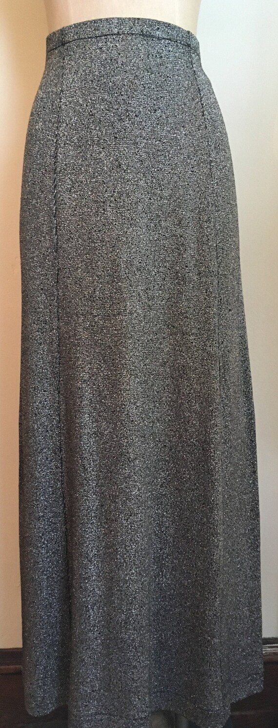 Vintage Black and Silver Lamé Knit Jersey High Waist Maxi Skirt  