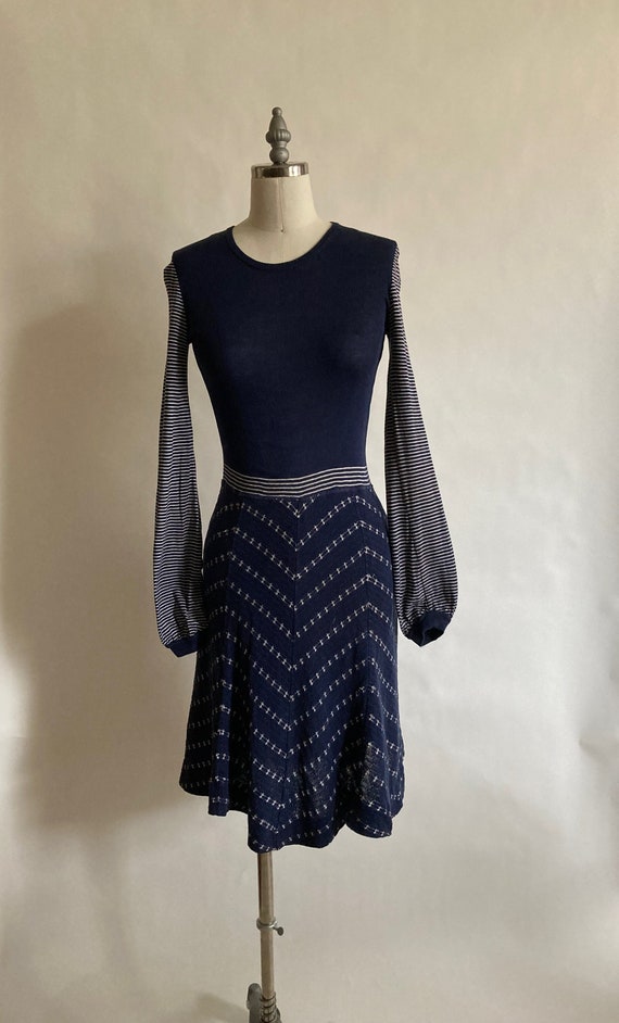 1970s Navy Blue & White Striped Multi Texture Knit