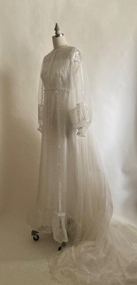1970s White Chiffon and Lace Empire Waist Wedding… - image 2