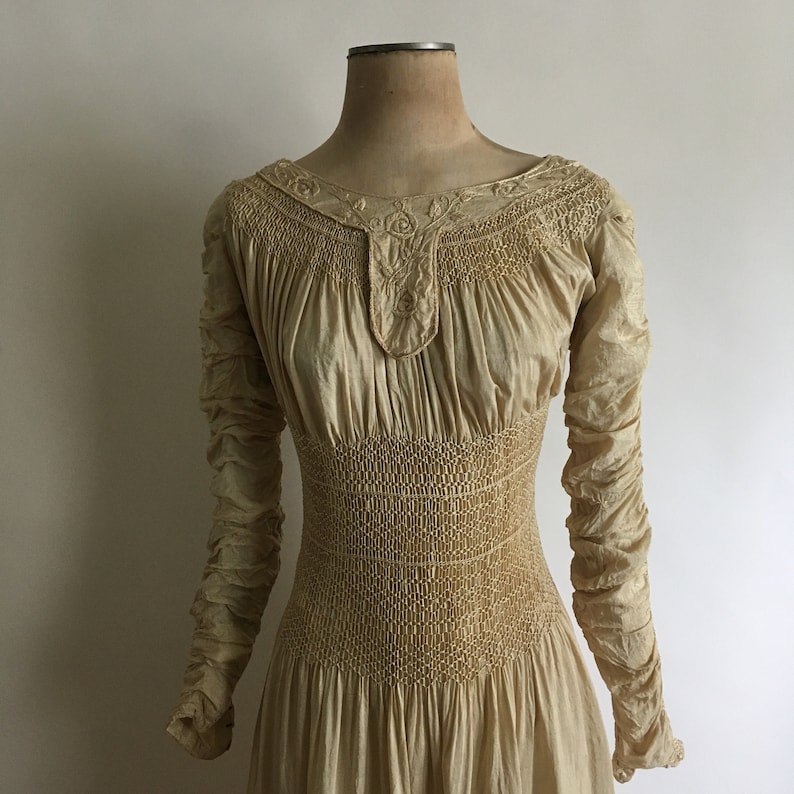 Early 1900s Liberty of London Silk Embroidered Smocked Dress image 2