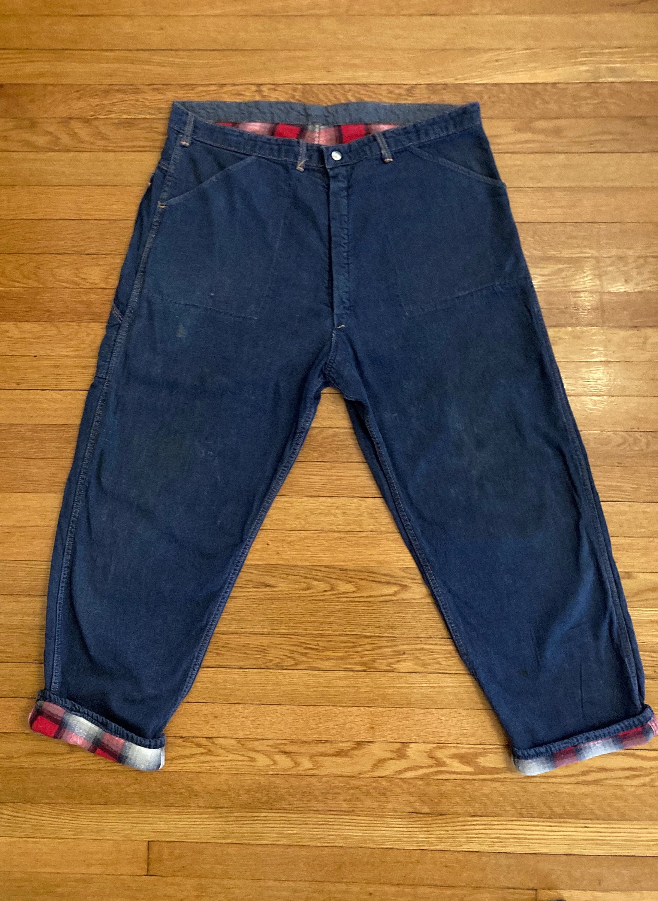 1950s Vintage Mens Cotton Plaid Flannel Lined Denim Jeans 36 1950s Vintage Mens Cotton Plaid Flannel Lined Denim Jeans 36