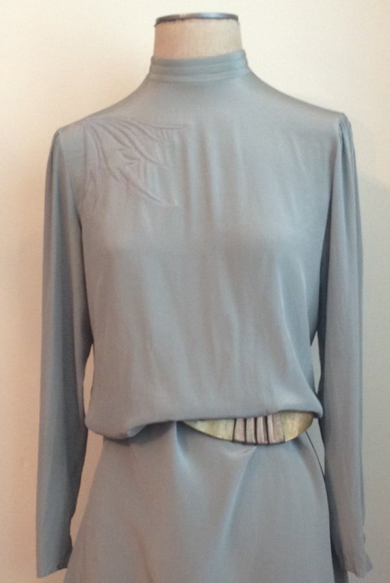 80s Sophisticated Grey Silk Sheath Dress with Appl