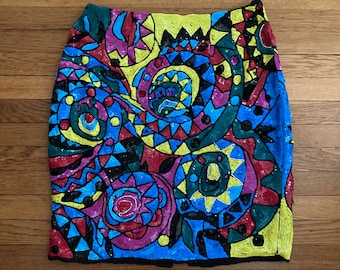 Increíble falda vintage de Lillie Rubin con cuentas y lentejuelas, diseño floral, años 80