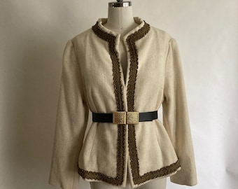 Mid Century Cream Wool Boxy Cardigan with Beaded Gold Cord Trim/Made in Turkey/Vinatge Knit Jacket