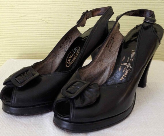 Vintage 1940's/40s Black Leather Sling Back Platf… - image 1