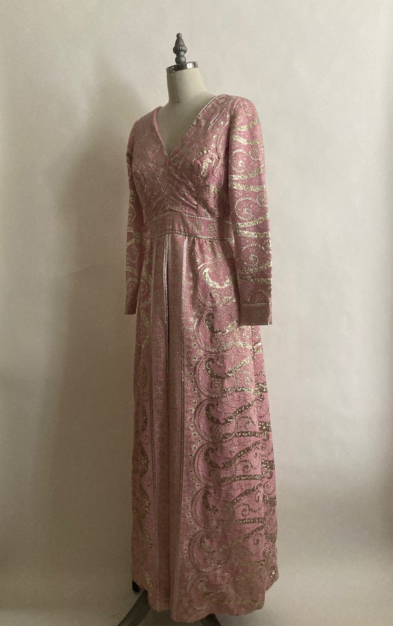 1960s Pink and Silver Long Sleeve Brocade Evening… - image 2