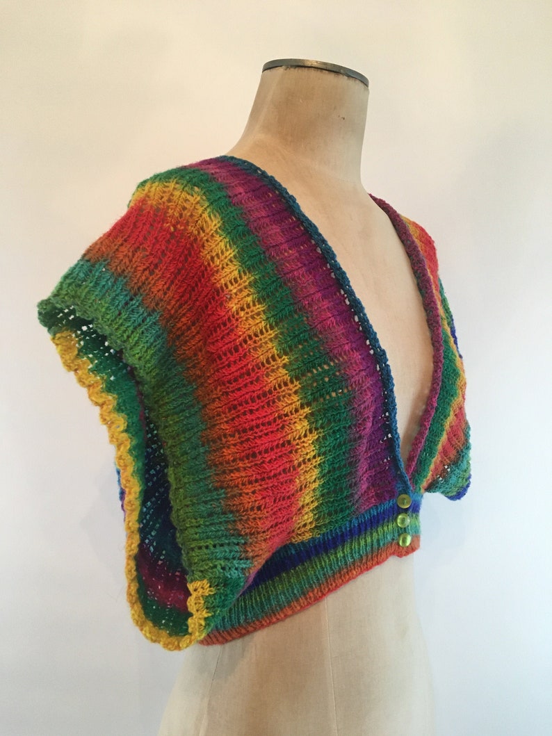 1970/'s Woodstock Hand Knit Cropped Rainbow TopSweater Vest BohoHippie