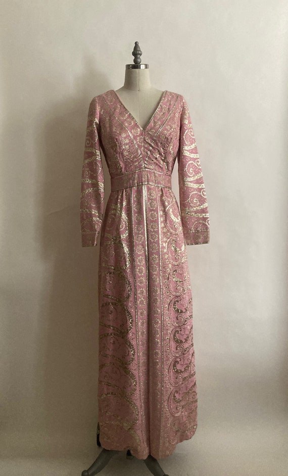 1960s Pink and Silver Long Sleeve Brocade Evening… - image 1