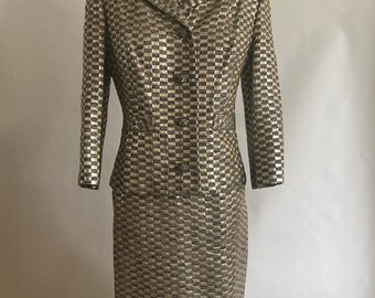 1960s Custom Made  Silver Lamé 3 Piece Skirt Suit/60s Women's Suit/Vintage Silver Dress Set/ RW