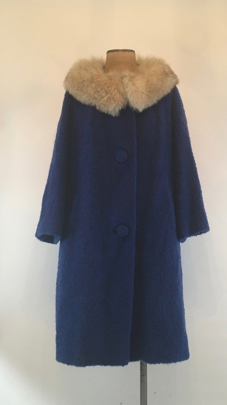 60s Cobalt Blue Mohair Bouclé Swing Style Coat With Fox Fur - Etsy