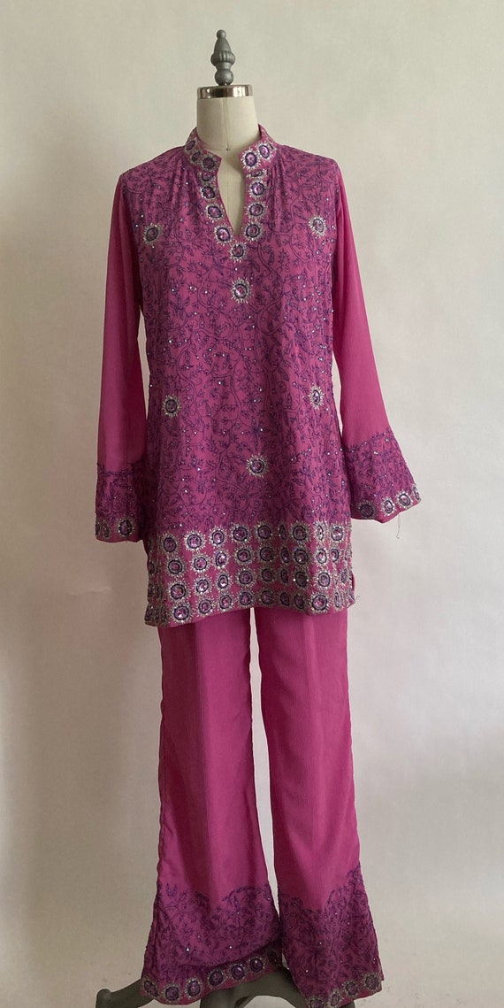 1990s Fuchsia Embroidered & Sequined Kurti Top and