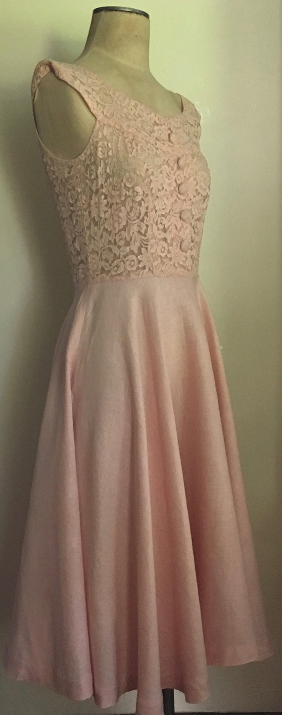 50s Blush Pink Linen and Lace Garden Party Dress … - image 2