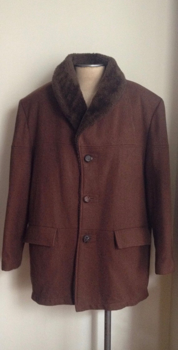 Vintage 60s Cocoa Brown Classic Wool Mens Car Coa… - image 1