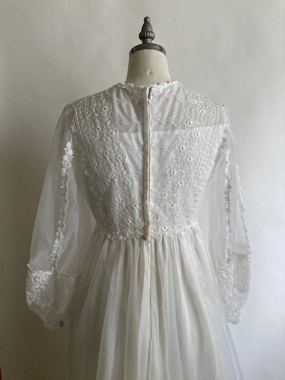 1970s White Chiffon and Lace Empire Waist Wedding… - image 6