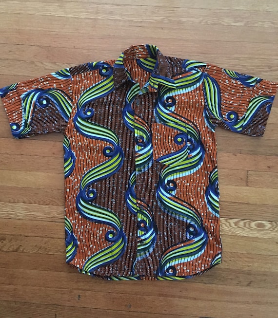 Vintage African Wax Block Print Mens Short Sleeve… - image 1