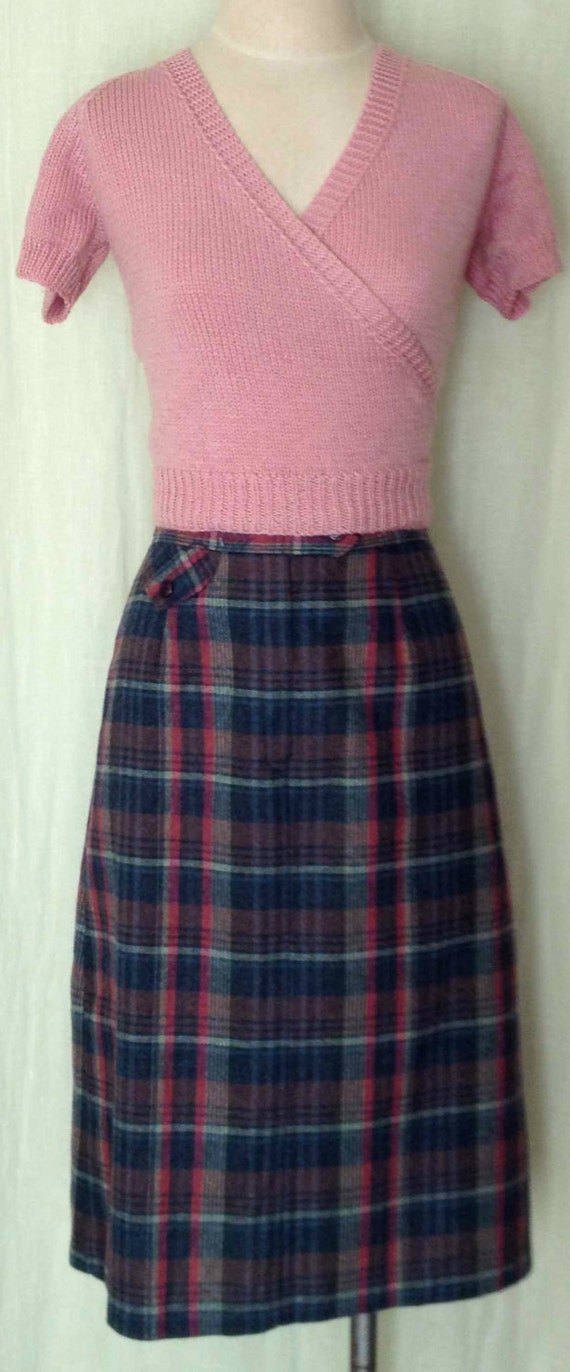 Vintage 70s Tartan Pink/Blue Plaid High Waist Woo… - image 1