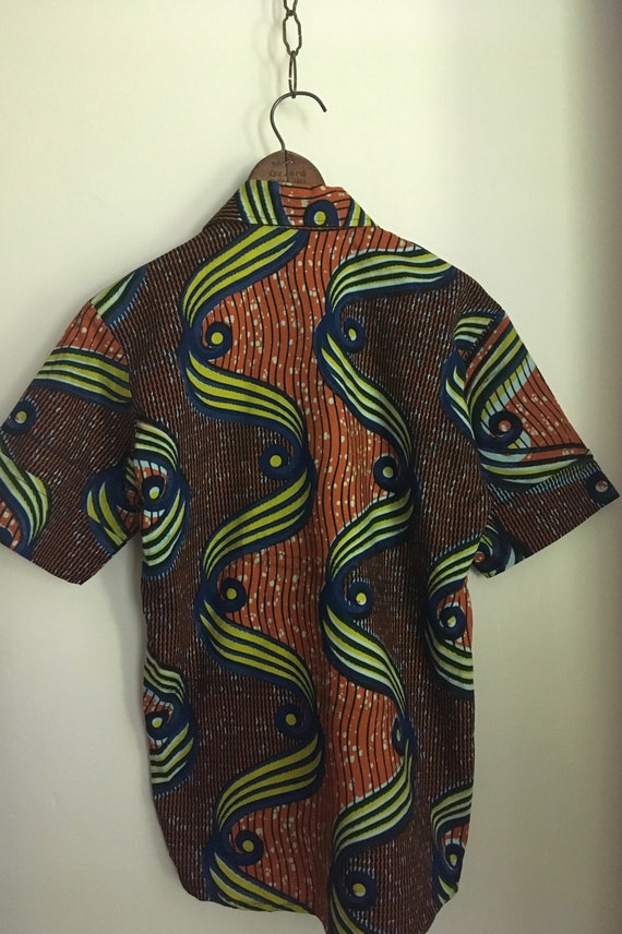 Vintage African Wax Block Print Mens Short Sleeve… - image 5