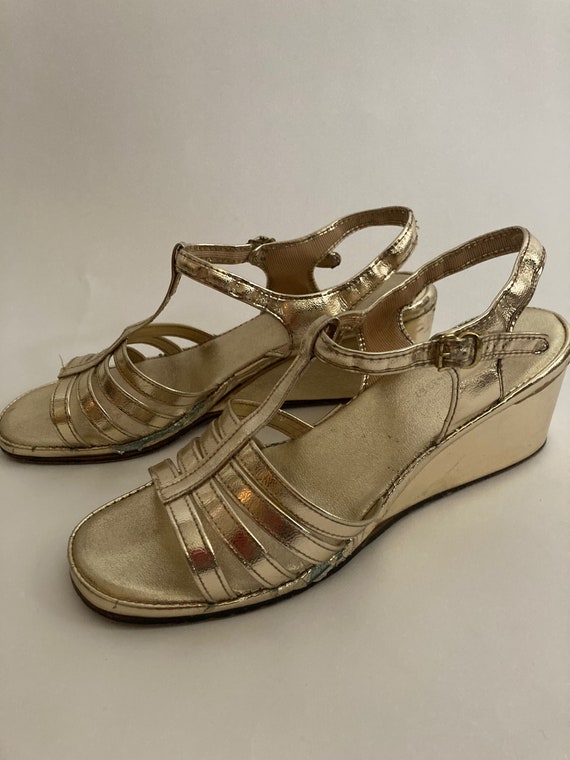 1970s Strappy Gold Low Wedge Sandals heels us Women s Size 6.5 Etsy