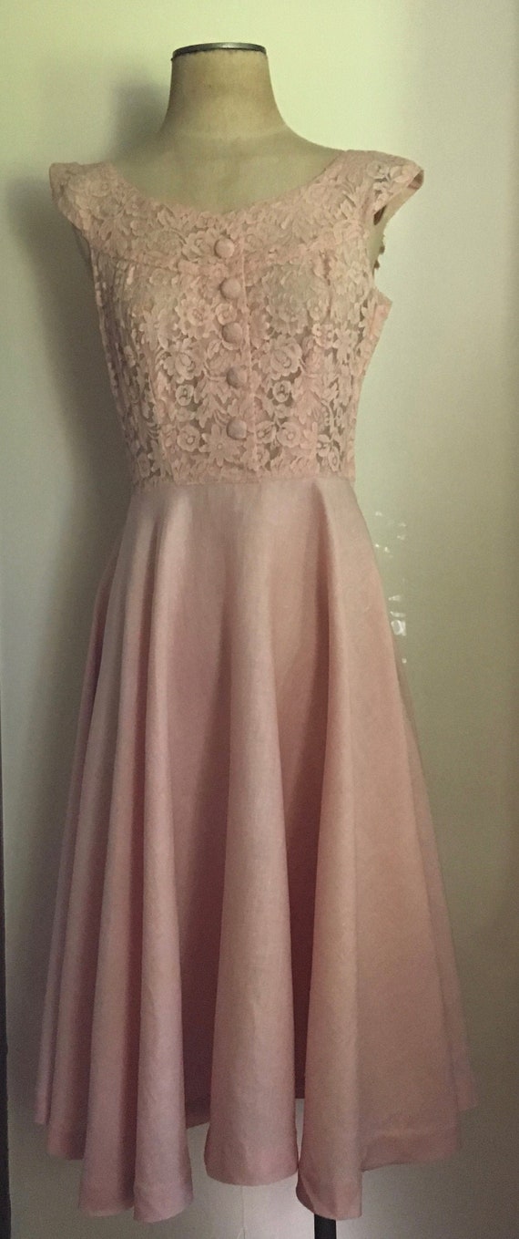 50s Blush Pink Linen and Lace Garden Party Dress … - image 1