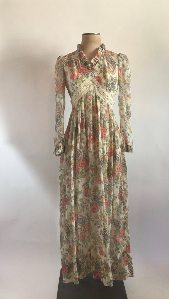 70s Sheer Floral Maxi Dress with Empire Waist, Puf