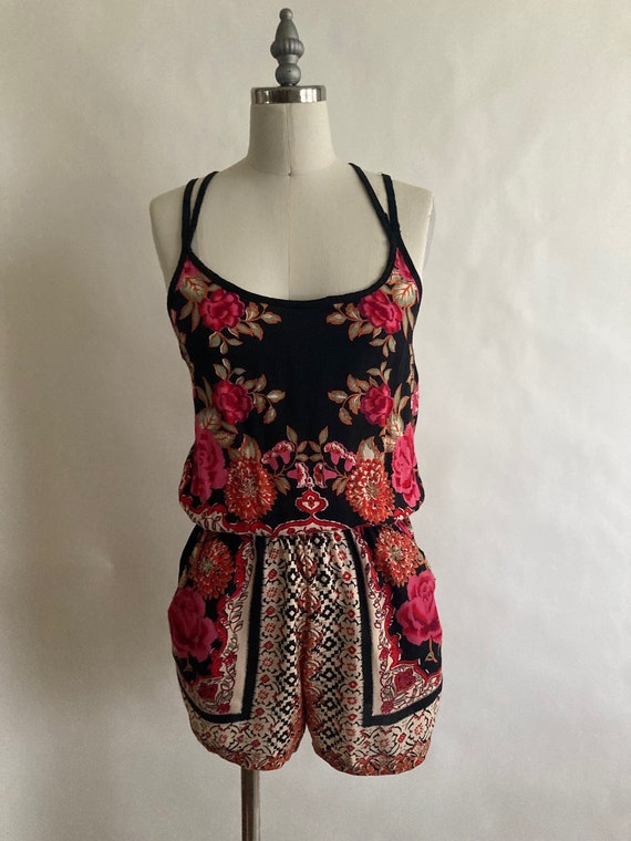 1990s/90s Rayon Floral Spaghetti Strap Summer Romp