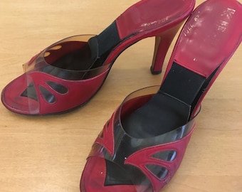 50s Red & Lucite Peep Toe Heels with Spring-o-later/Pumps/Made by Kimel Shoes/size 6 1/2
