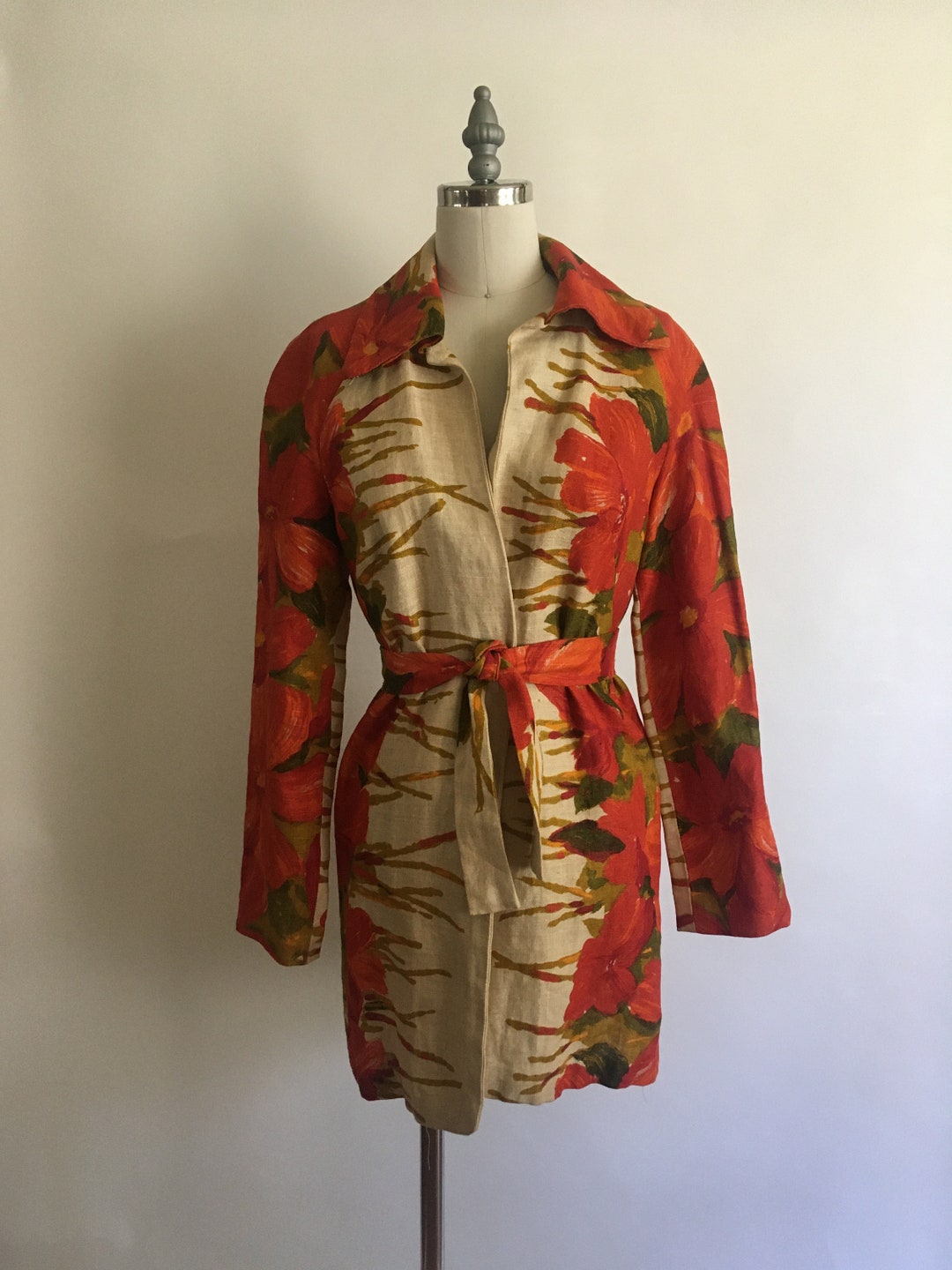 70s Bright Floral Linen Jacket With Matching Belt/handmade Floral