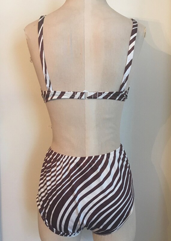 1970's Brown/White Striped Print Nylon Swimsuit B… - image 3