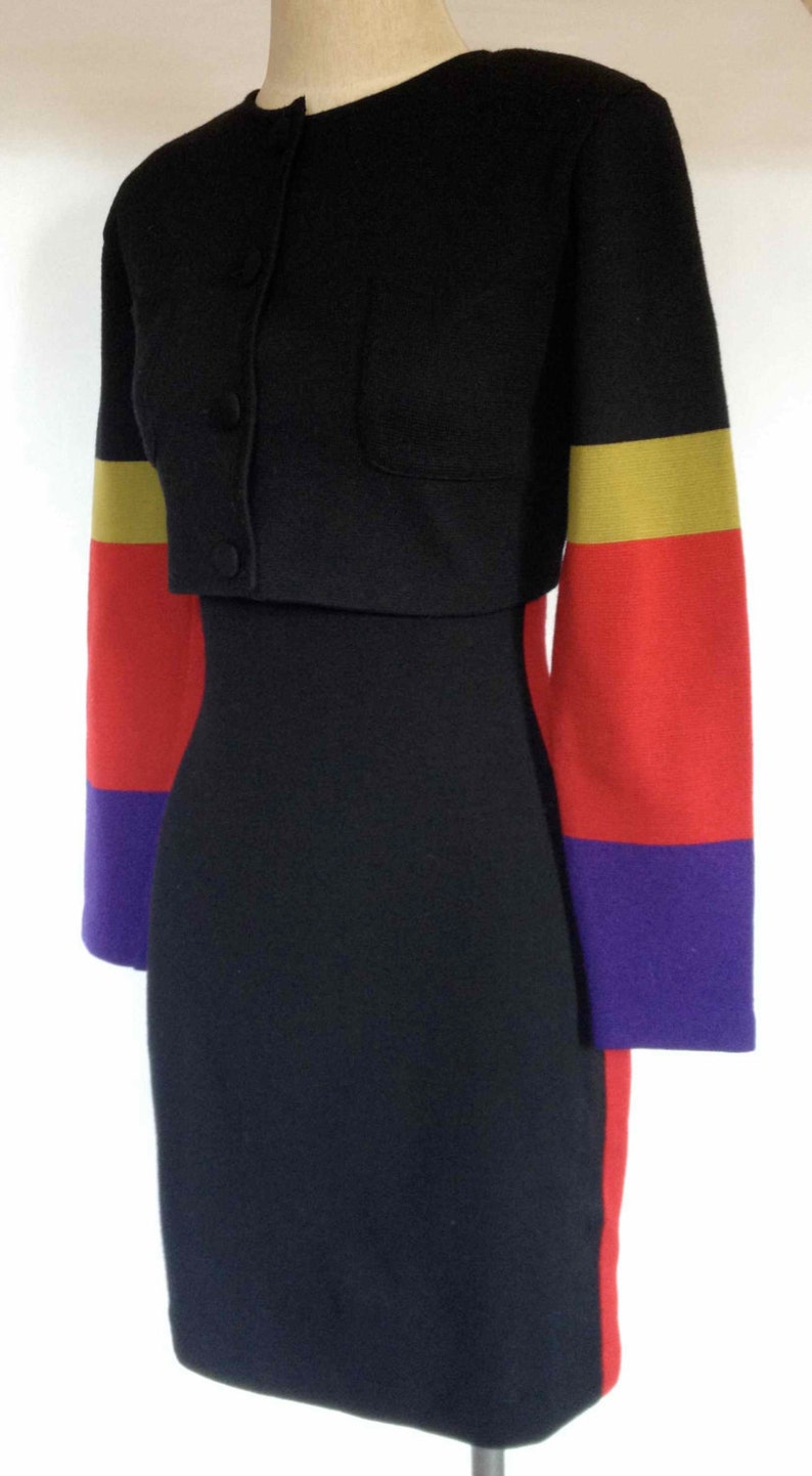 Vintage1980s Andrea Jovine Wool 2pc EnsembleSleeveless Dress /& Cropped Jacket Color Block and Stripes M