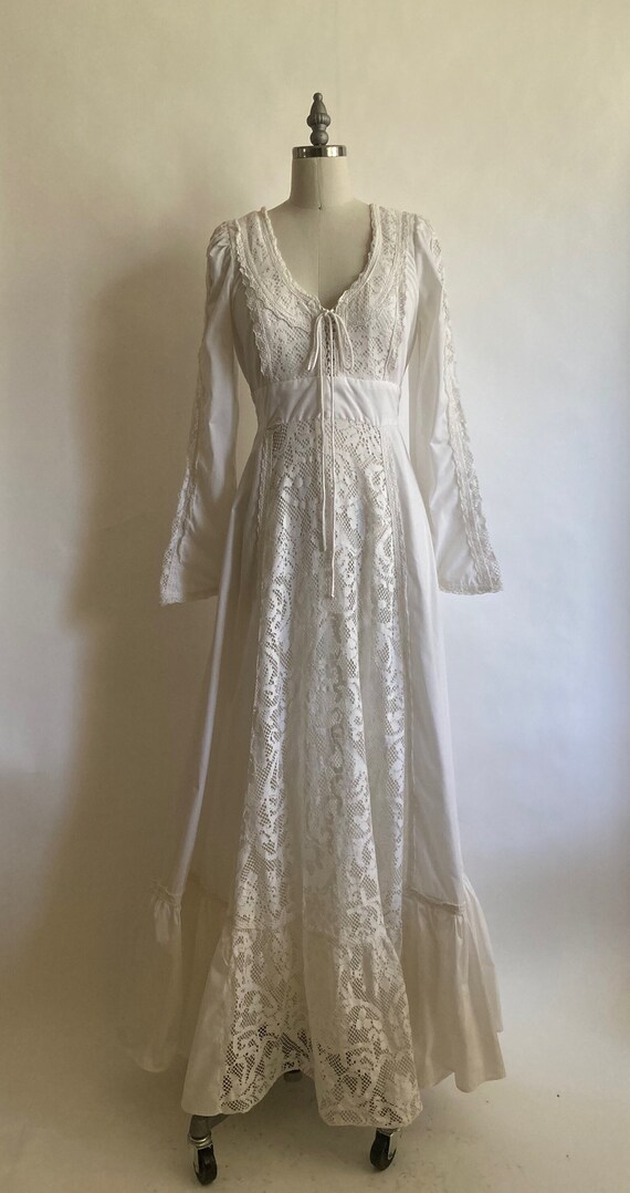 1970's Gunne Sax White Cotton & Lace Maxi dress wi