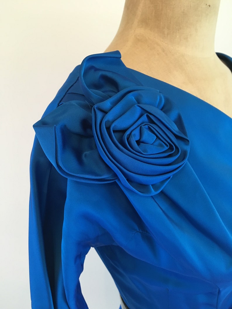 50s Cobalt Blue Satin Cocktail Dress With Roses/vintage - Etsy