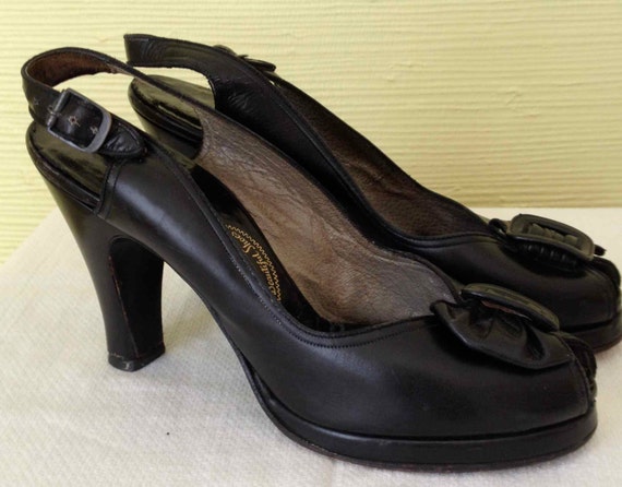 Vintage 1940's/40s Black Leather Sling Back Platf… - image 3