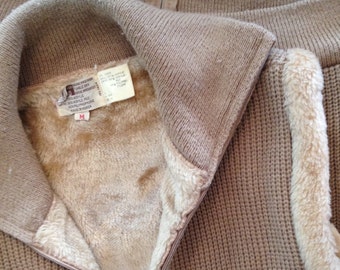 Cozy 1970s Vintage Mens Taupe Knit Zip-Up Sweater Vest with Faux Fur Lining and Sleeves/70s
