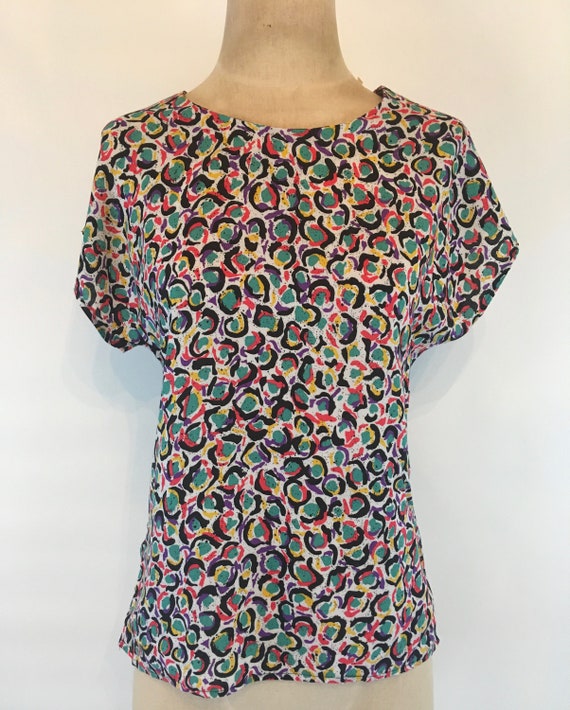 1980's Abstract Print Crew Neck Capped Sleeve Ray… - image 2