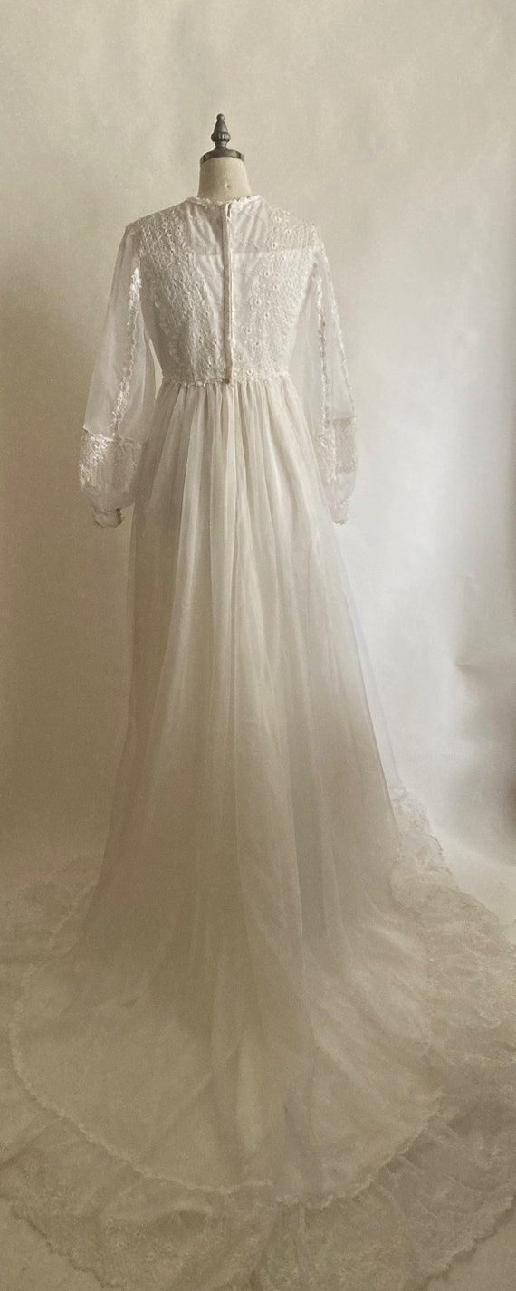 1970s White Chiffon and Lace Empire Waist Wedding… - image 3