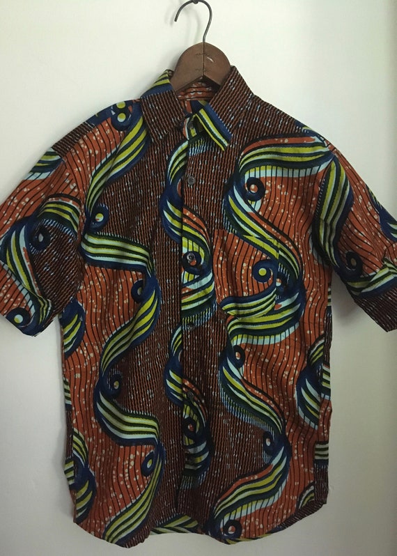 Vintage African Wax Block Print Mens Short Sleeve… - image 4