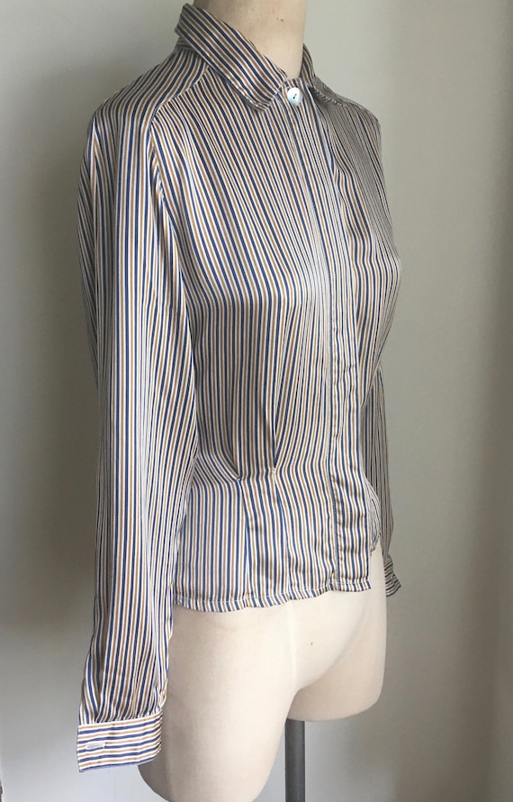 80's Elegant Gold & Blue Charmeuse Silk Pinstriped