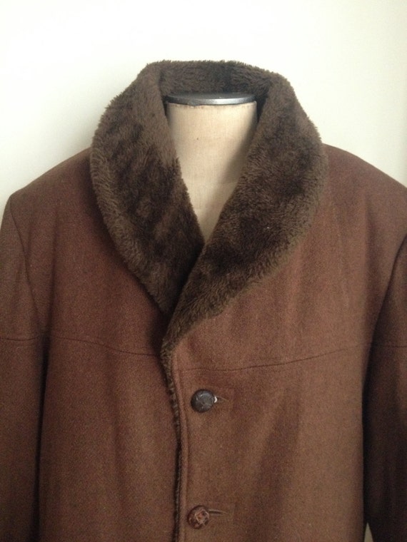 Vintage 60s Cocoa Brown Classic Wool Mens Car Coat/ Faux Fur