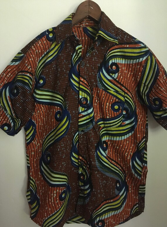 Vintage African Wax Block Print Mens Short Sleeve… - image 3